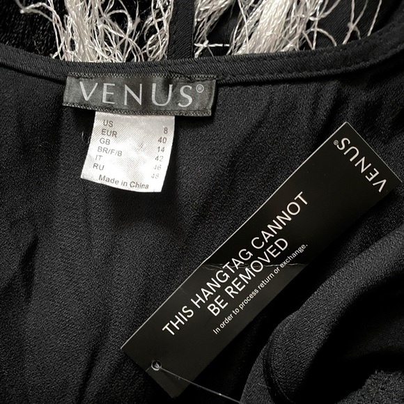 VENUS Black w/ White Embroidered Floral Asymmetric Fringe Wrap Midi Dress Size 8 - Picture 10 of 11